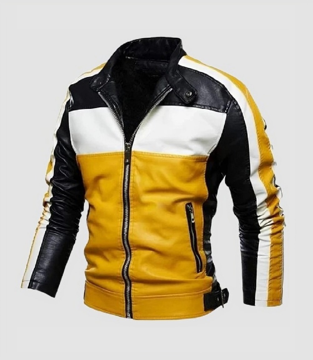 Bold Mens Leather Jacket Yellow Black Color Block Biker Style