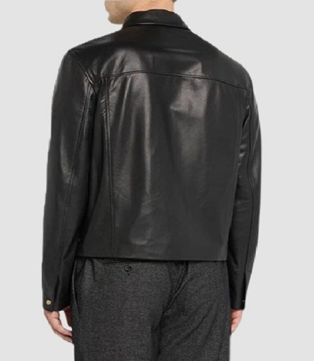 Men Black Hip Flap Pockets Biker Leather Jacket