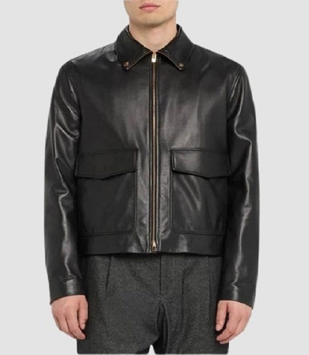 Men Black Hip Flap Pockets Biker Leather Jacket