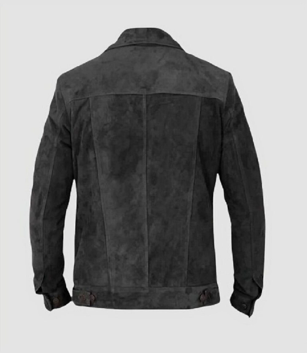 Men Black Trucker Leather Jacket Real Suede.
