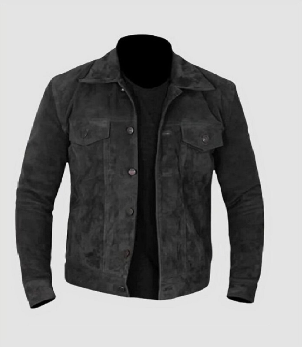 Men Black Trucker Leather Jacket Real Suede