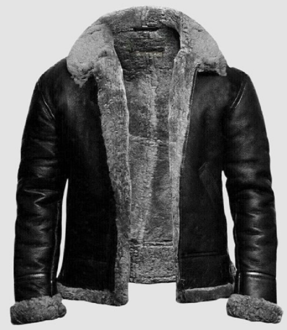 Men Bomber Black and Gray Lined Leather Flight Jacket