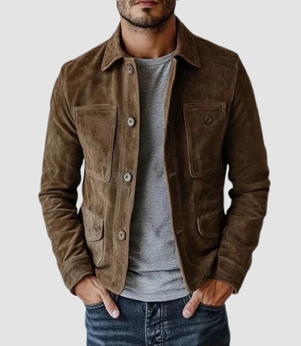 Men Brown Leather Jacket Pure Suede Trucker Jacket