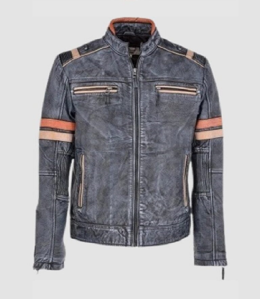 Men Grey Vintage Moto Vibe Leather Racer Jacket