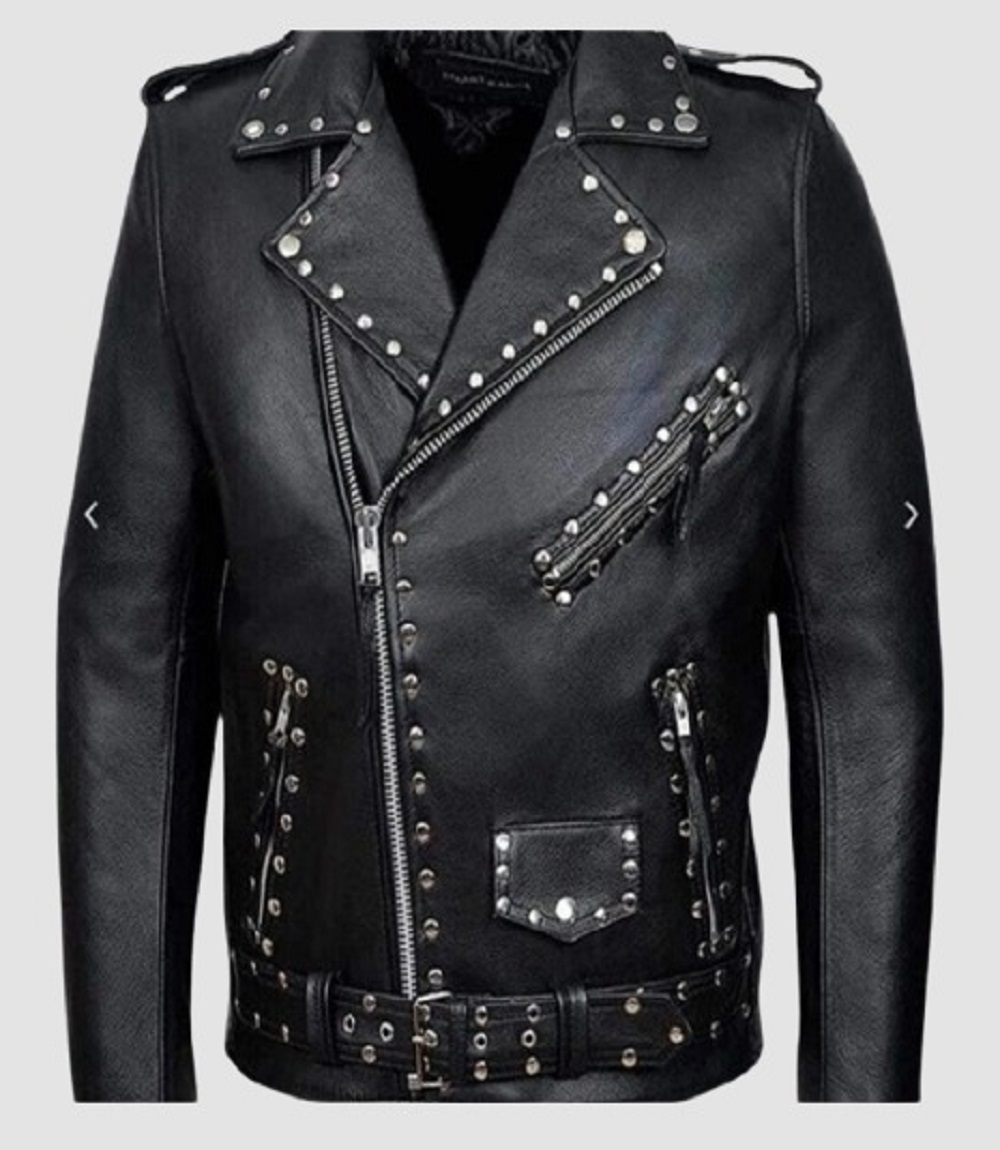 Men Leather Black Studded Biker Jacket