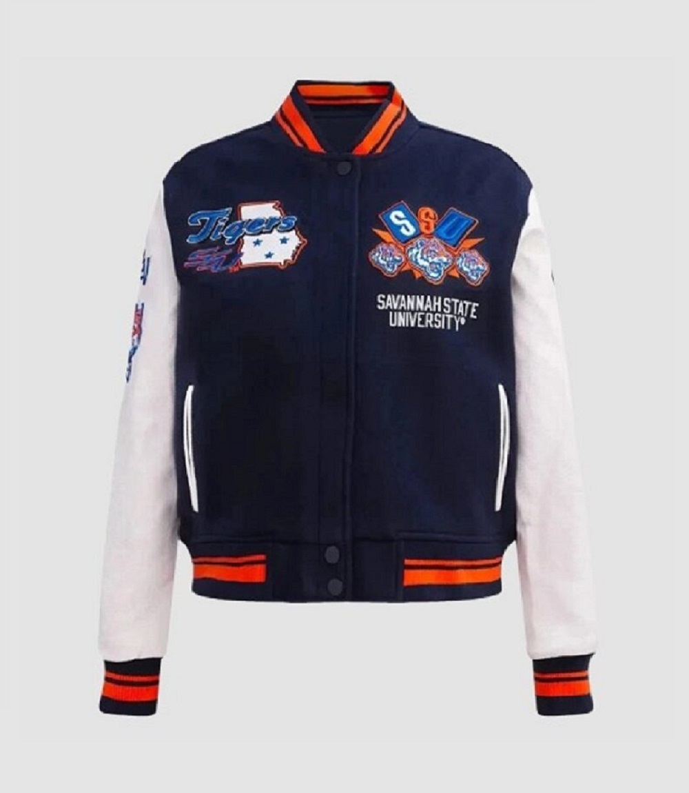 Men Navy & White Bomber Leather Jacket