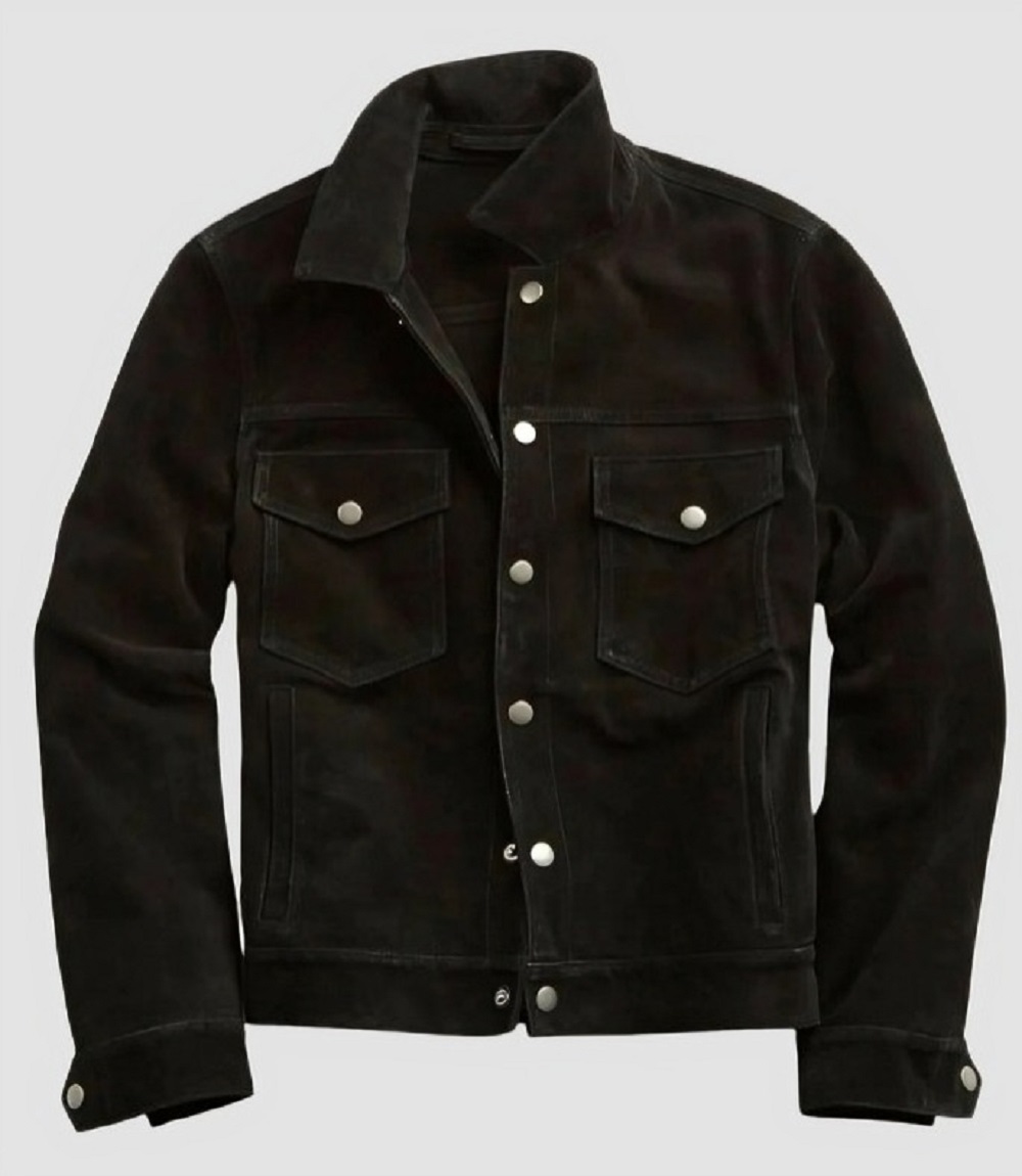 Men Pure Suede Black Leather Trucker Jacket
