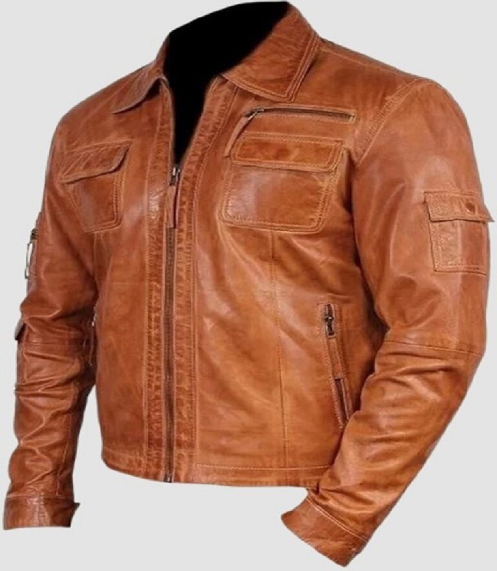 Men Tan Brown Genuine Leather Biker Jacket