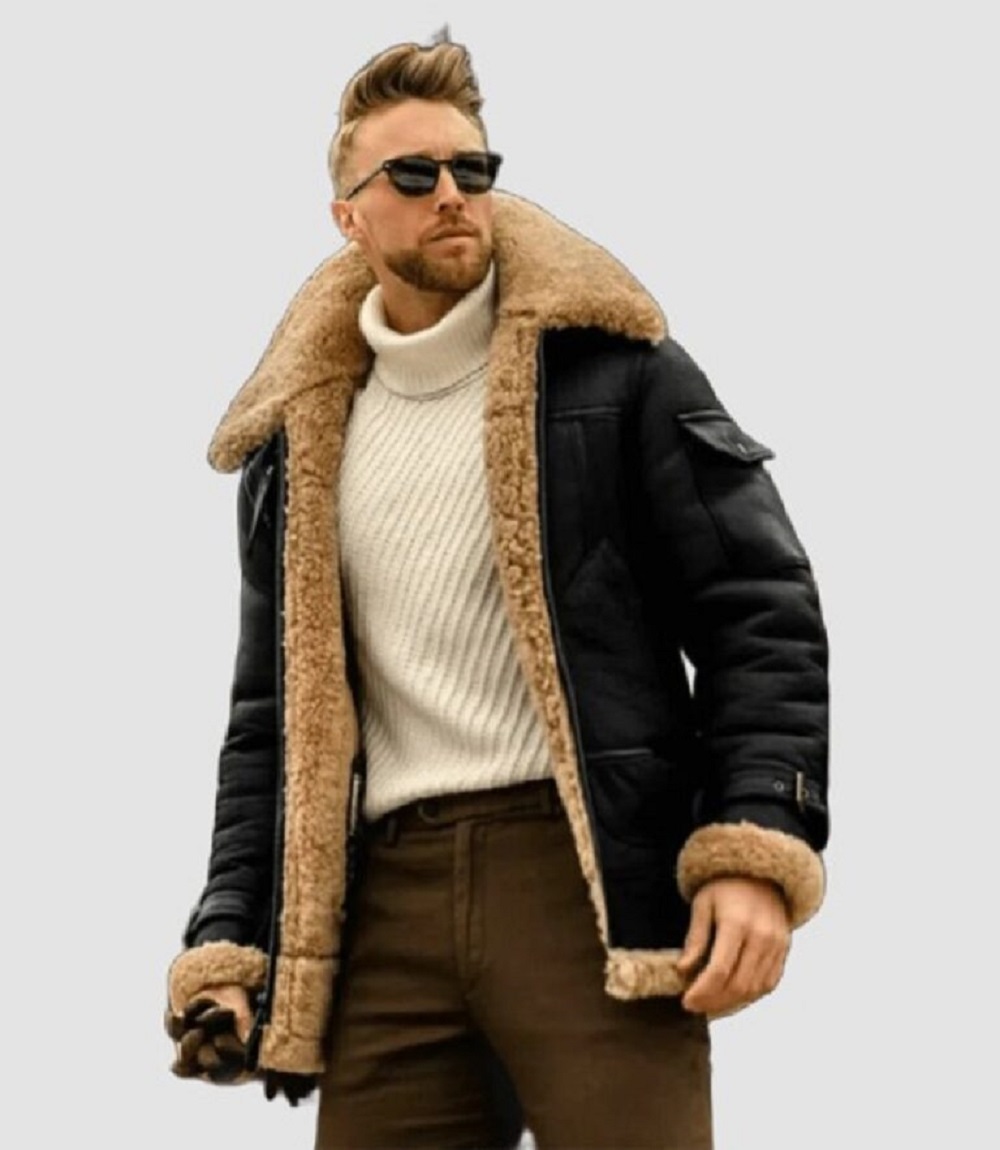 Mens Aviator Bomber Shearling-Lined Heavyweight B3 Flight Jacket