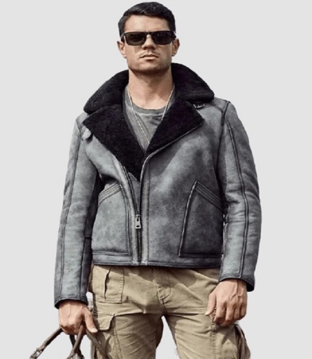 Mens B3 Shearling Aviator in Ice Grey Leather Jacket