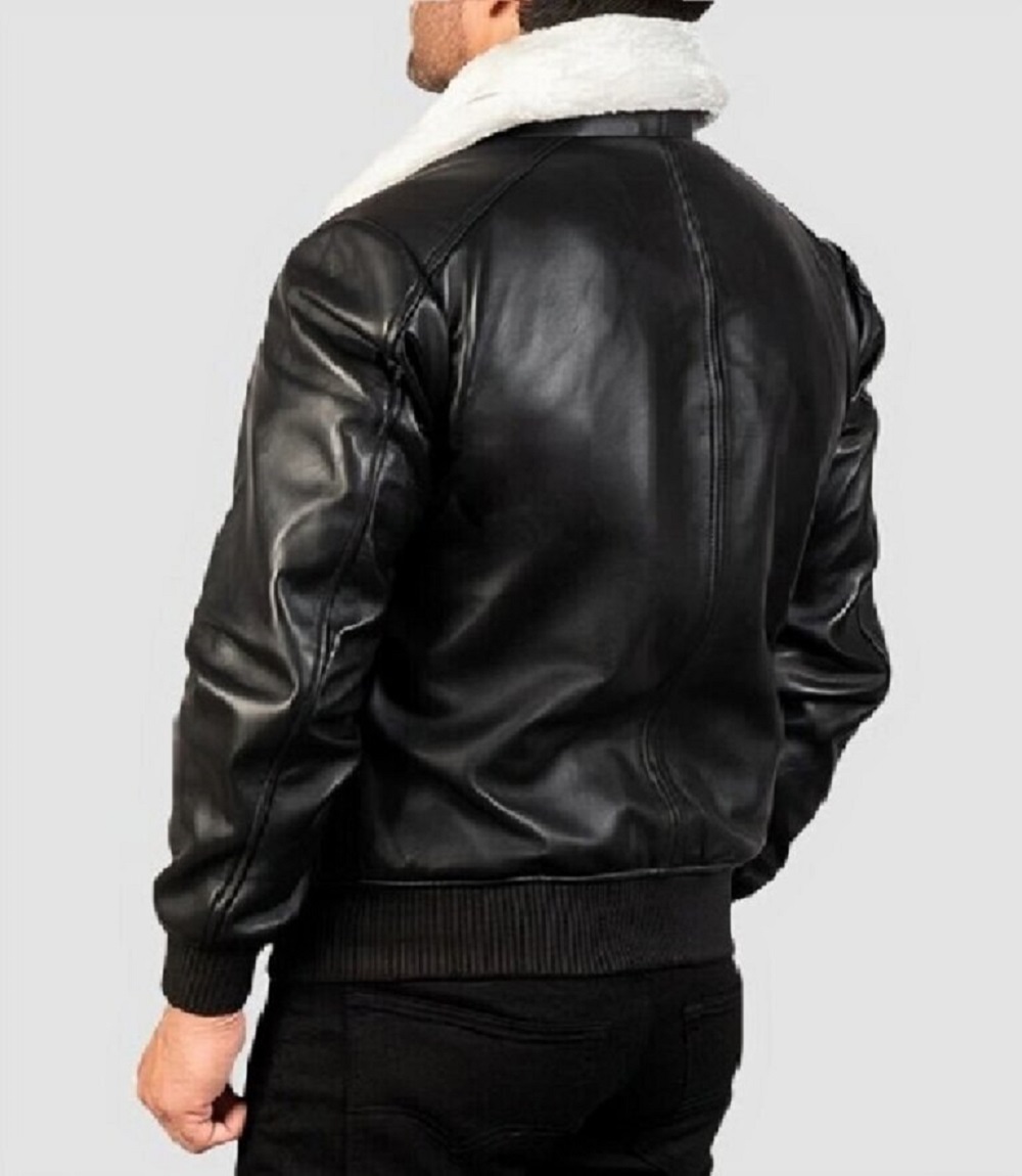 Men's Black Bomber Biker Real Fur Leather Jacket