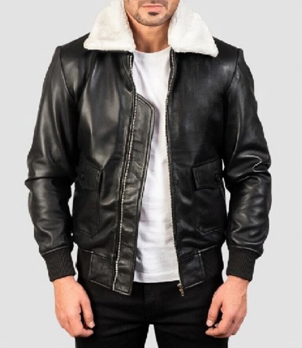 Men's Black Bomber Biker Real Fur Leather Jacket