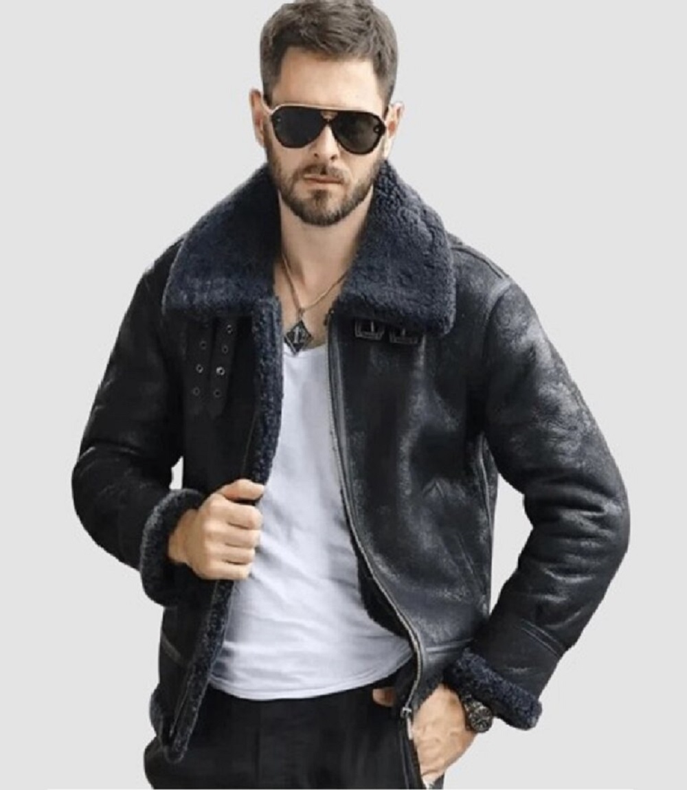 Mens Black Bomber Shearling-Lined Leather Cold-Weather jacket