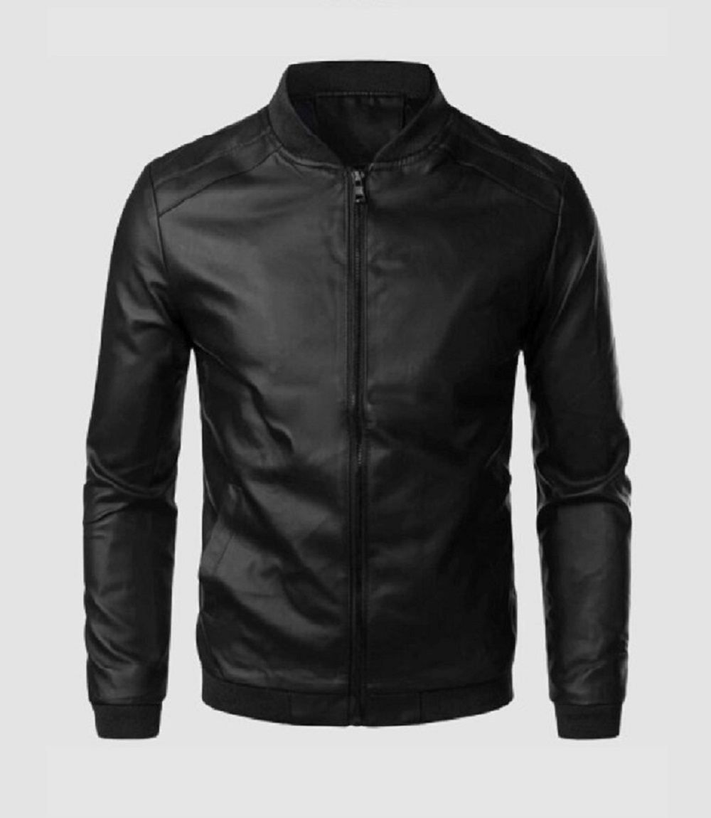 Mens Black Faux Leather Collar Biker Motorcycle Jacket