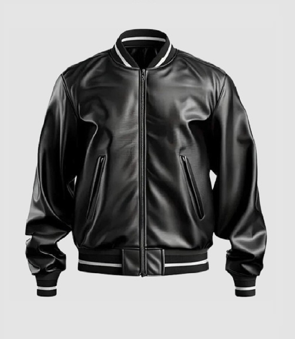 Men’s Black Baseball Collar Rib Knit Winter Warm Leather Jacket