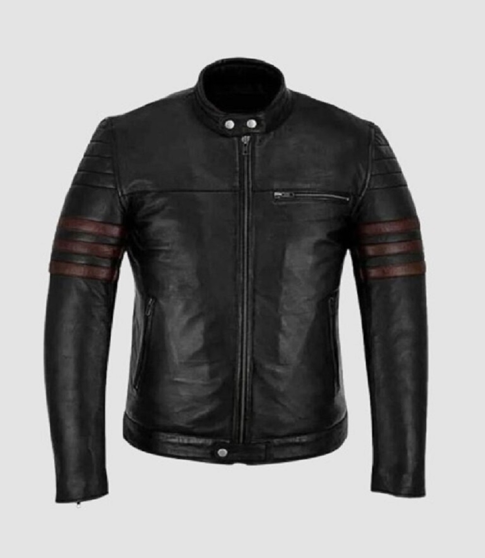 Mens Black Leather Jacket with Brown Sport Stripes