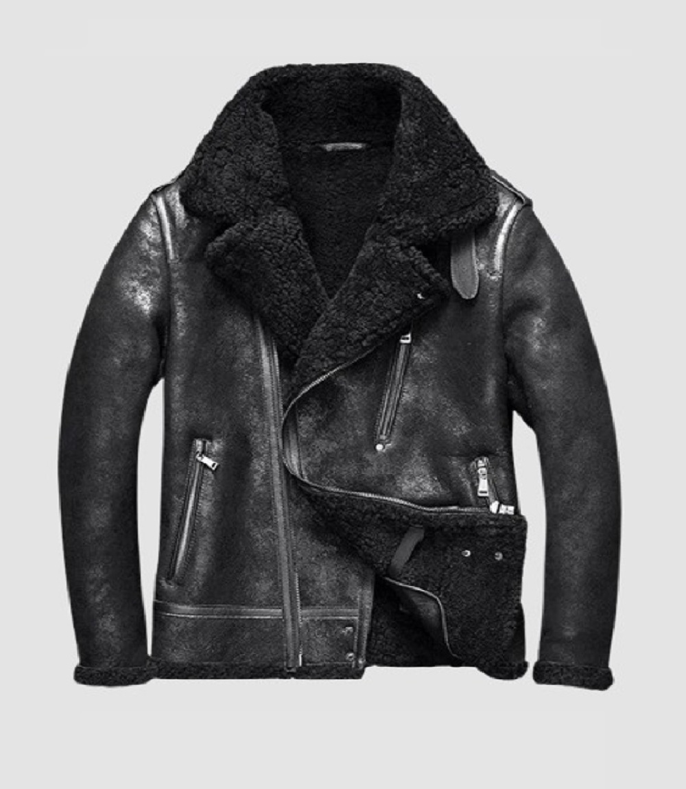 Mens Black Leather Shearling Jacket Heavy Fur Lining