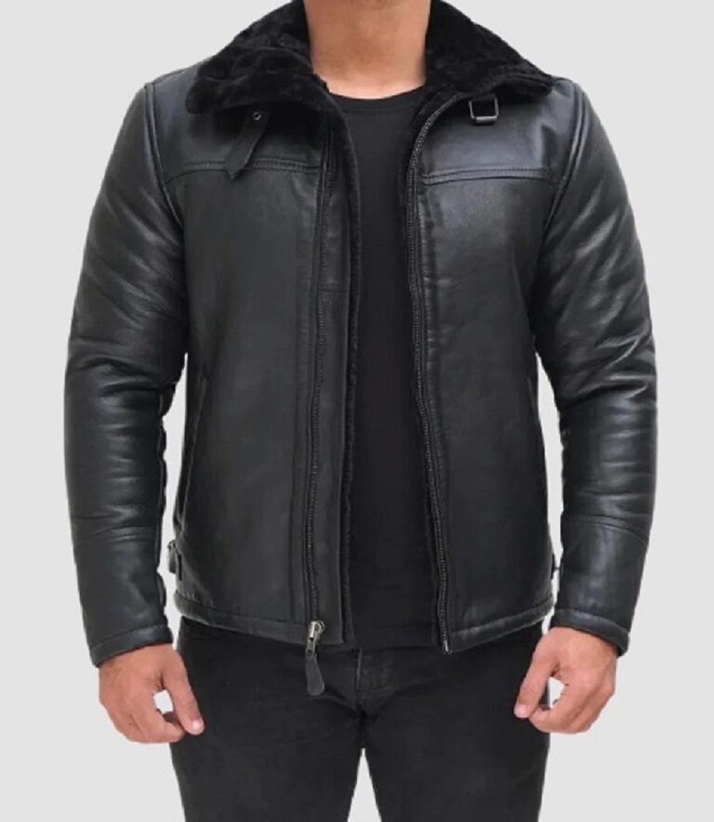 Mens Black Shearling Bomber Leather Jacket
