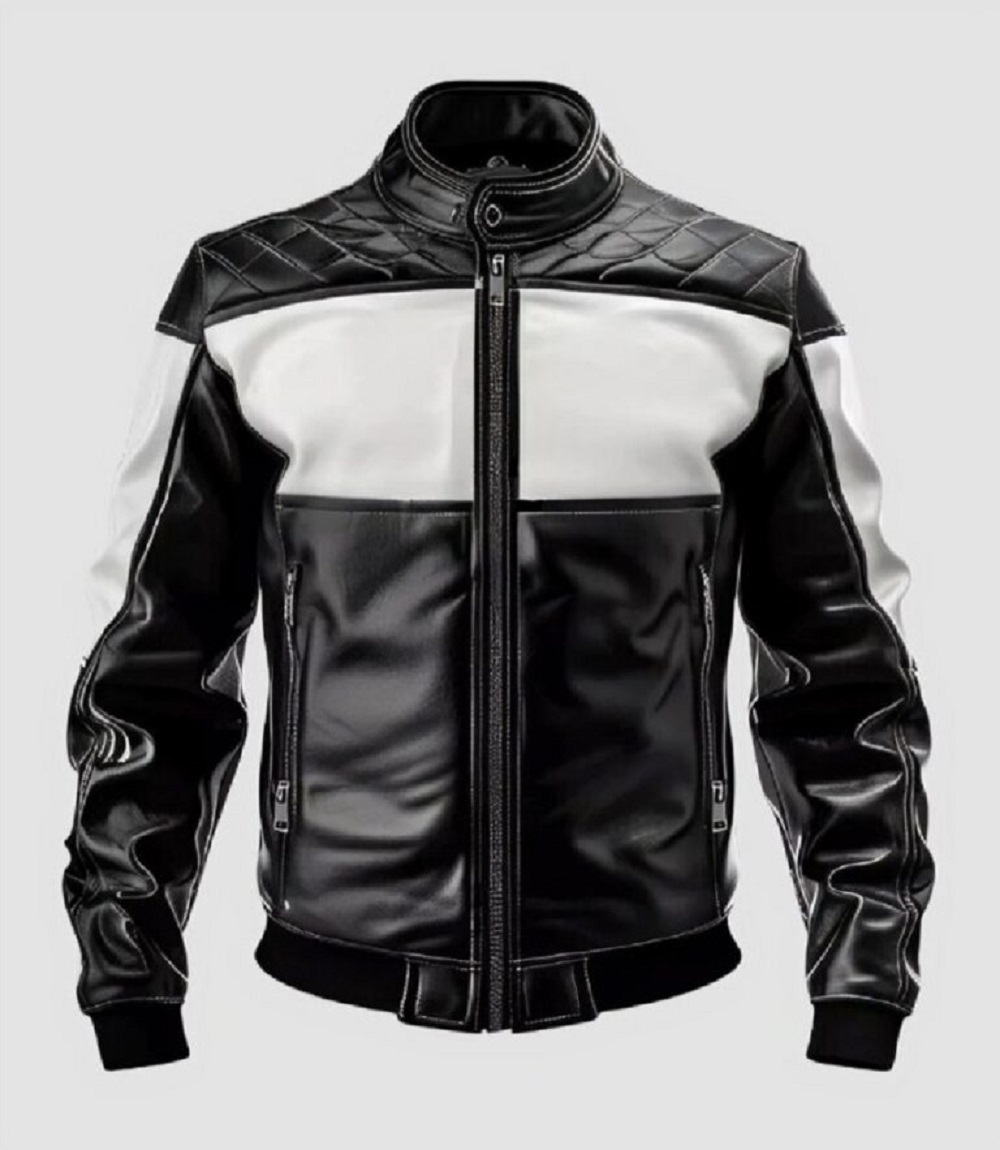 Mens Black and White Diamond-Quilted Leather Jacket