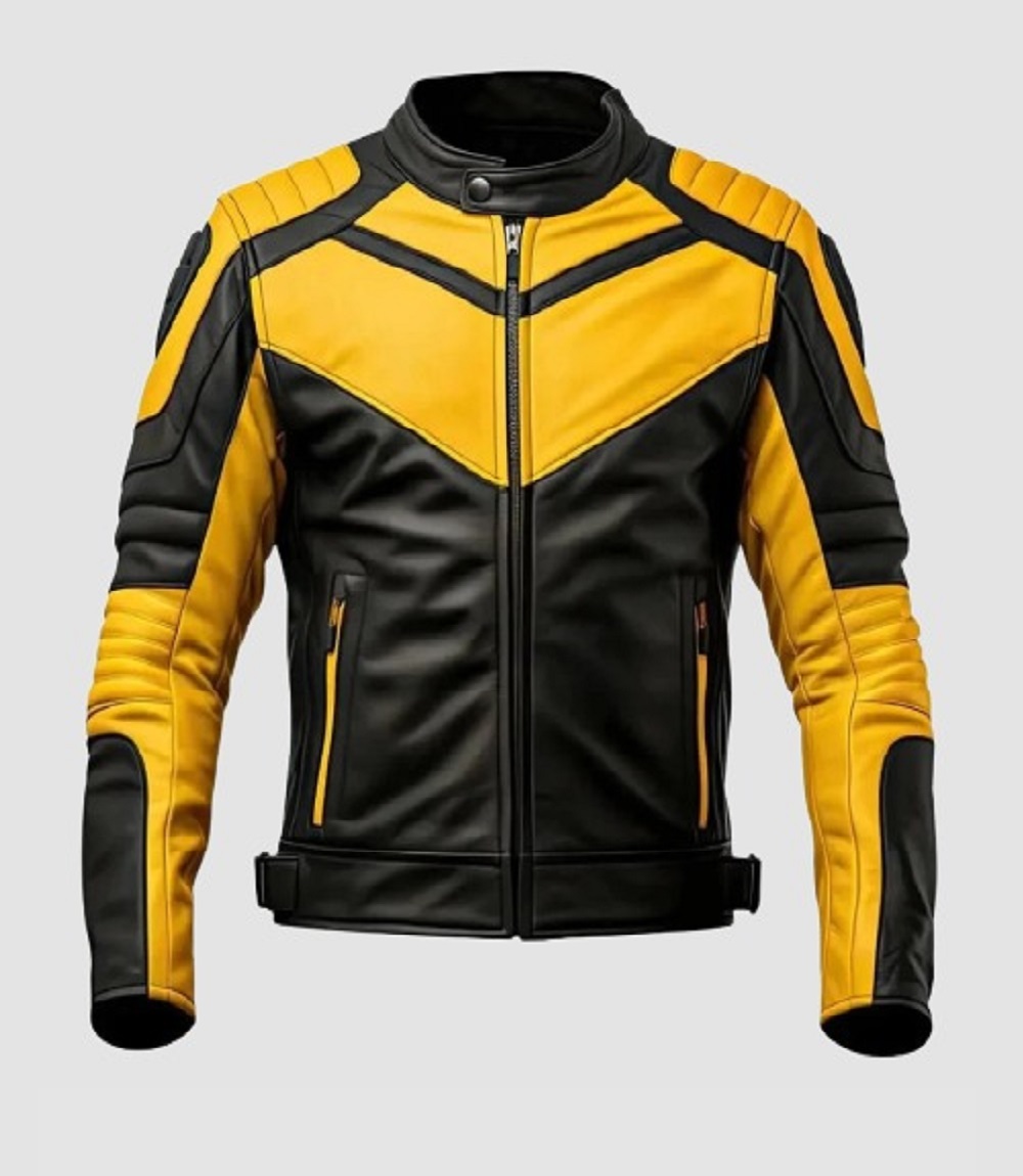 Mens Black and Yellow Bomber Jacket Motorcycle Jacket