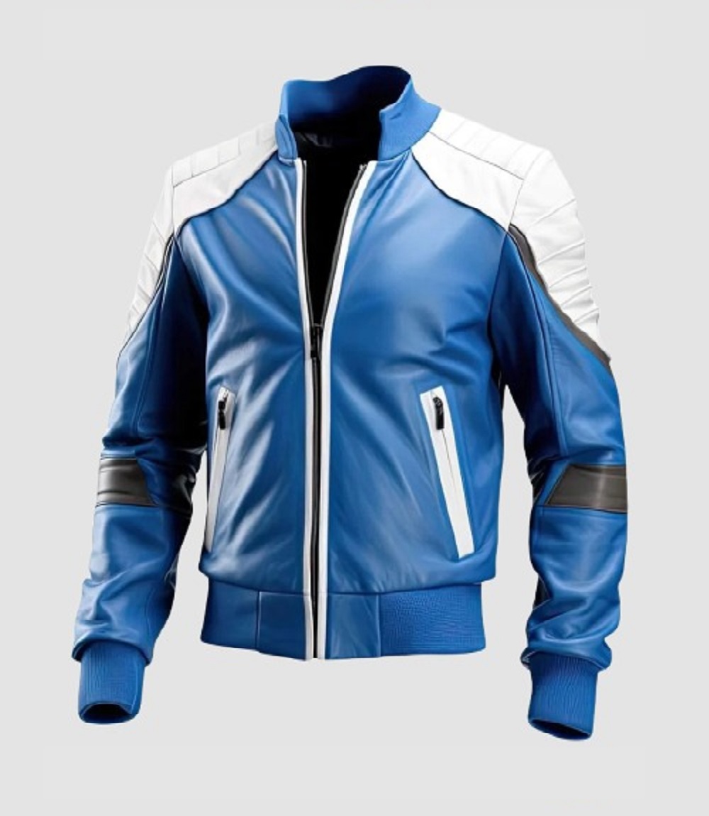 Mens Blue White Leather Bomber Baseball Jacket