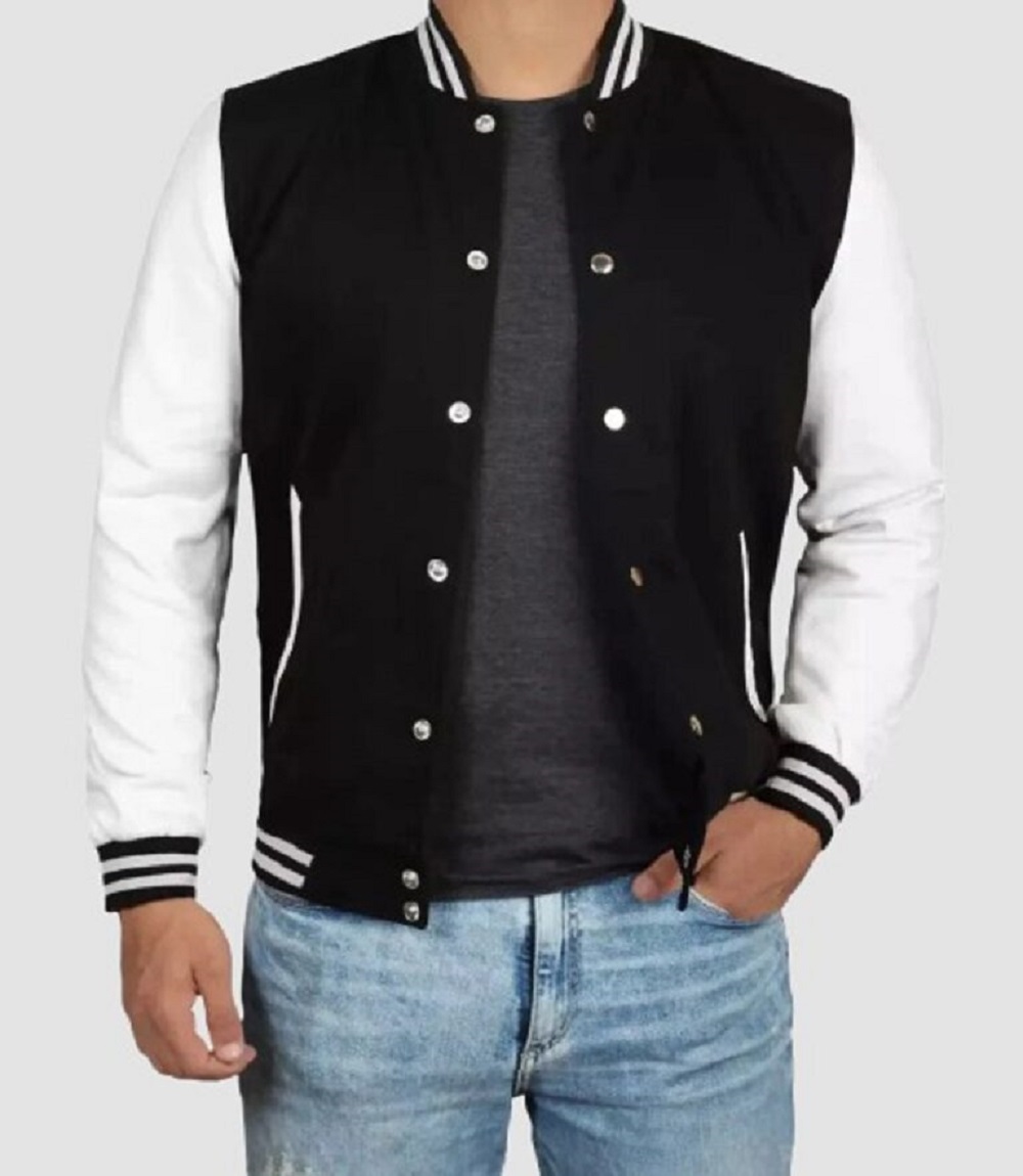 Mens Bomber Jacket, Black and White Letterman Baseball Look