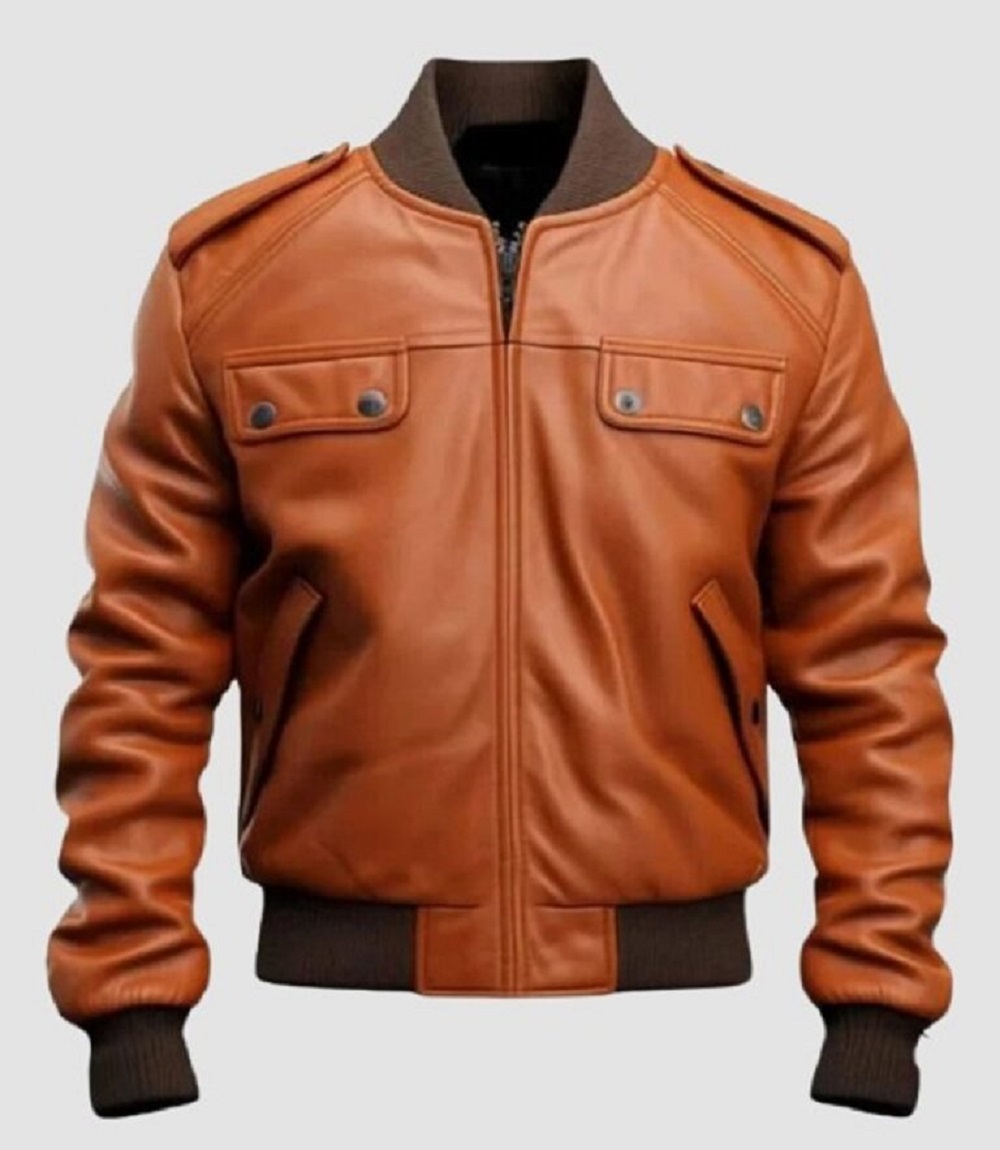 Mens Bomber Stylish Tan Leather Jacket