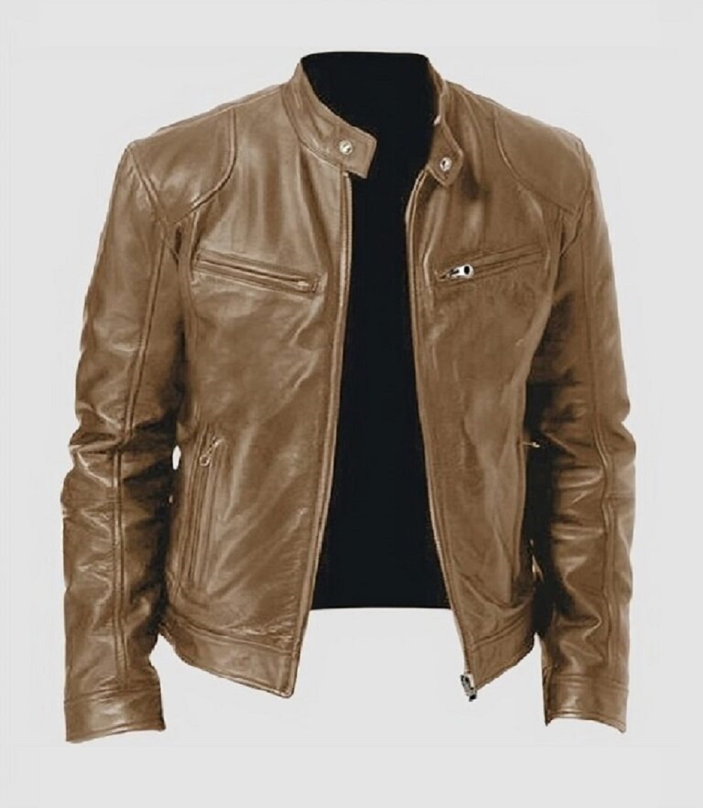 Mens Brown Faux Motorcycle Stand Collar Biker Leather Jacket