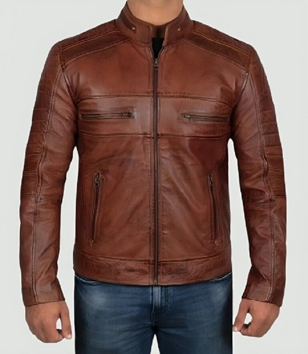 Mens Brown Leather Jacket Cafe Racer Distressed