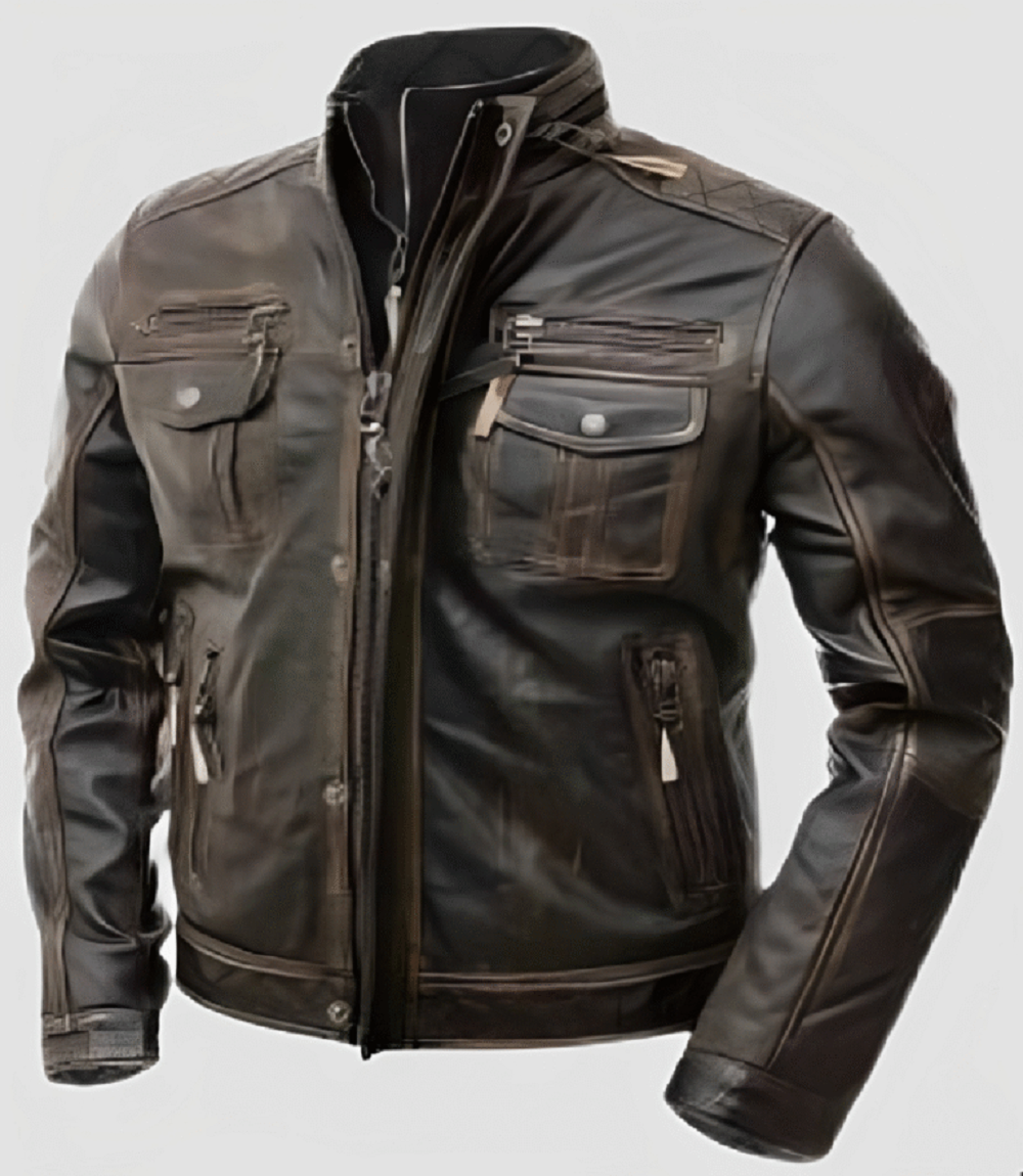 Mens Brown Leather Jacket Motorcycle Cafe Racer