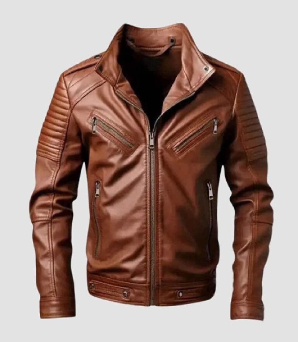 Mens Brown Leather Jacket Quilted Shoulders