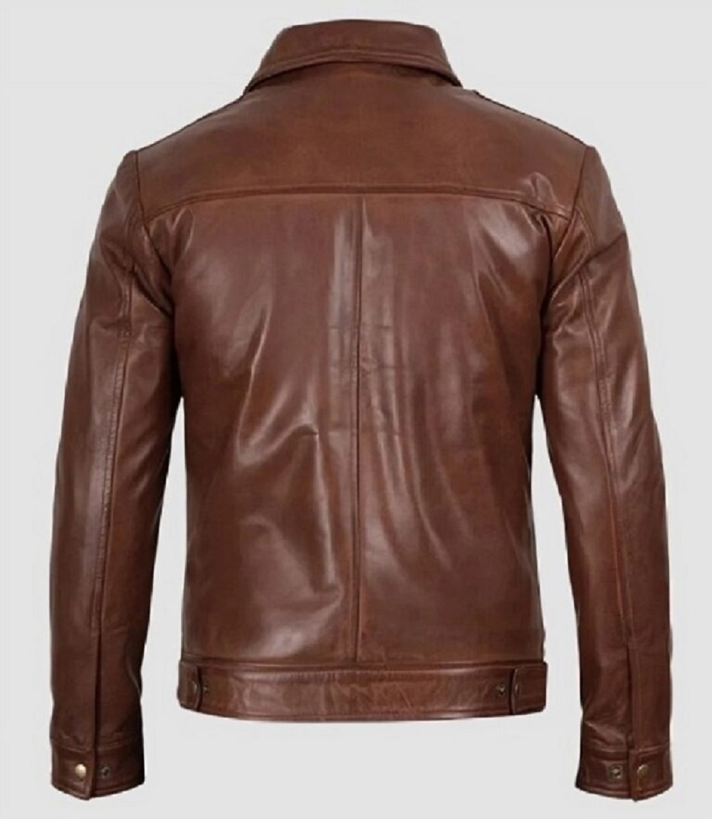 Mens-Brown-Leather-Jacket-Shirt-Collar-Cognac-Wax-Real-Brown-