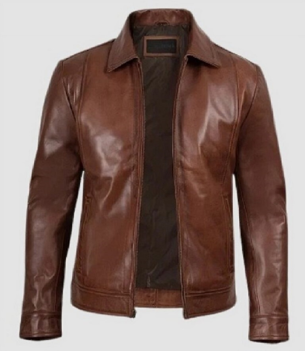 Mens-Brown-Leather-Jacket-Shirt-Collar-Cognac-Wax-Real-Brown-Fashion-