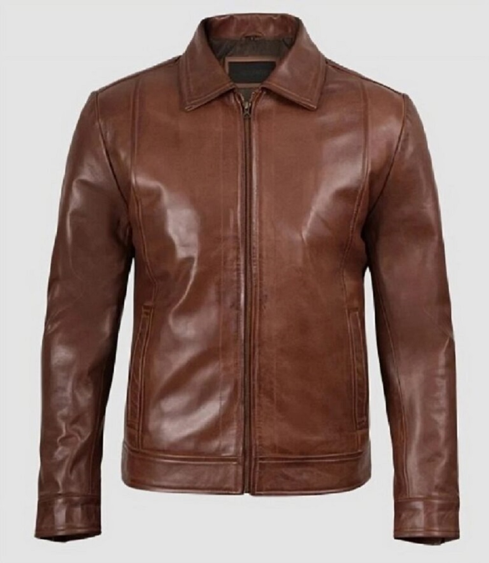 Mens-Brown-Leather-Jacket-Shirt-Collar-Cognac-Wax-Real