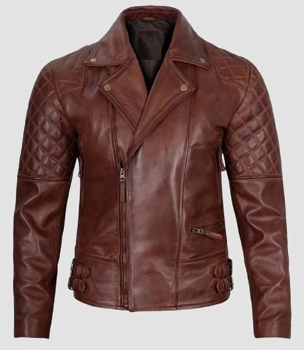 Mens Brown Moto Jacket with Quilted Shoulders & Rebel Cut