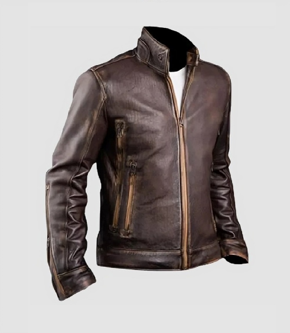 Mens Brown Sleek Leather Café Racer Jacket Classic Biker Style