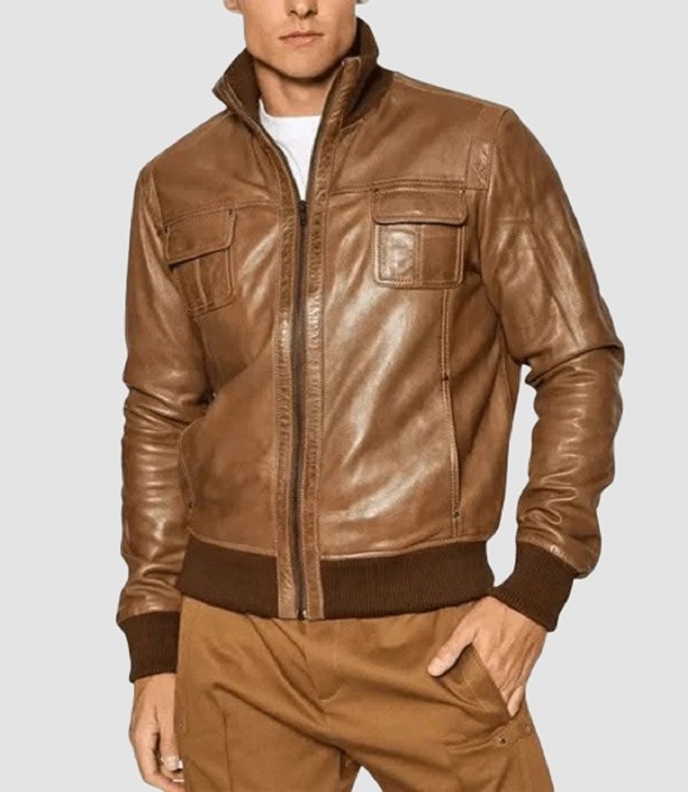 Mens Classic Brown Leather Bomber Jacket Rugged Street & Casual Style