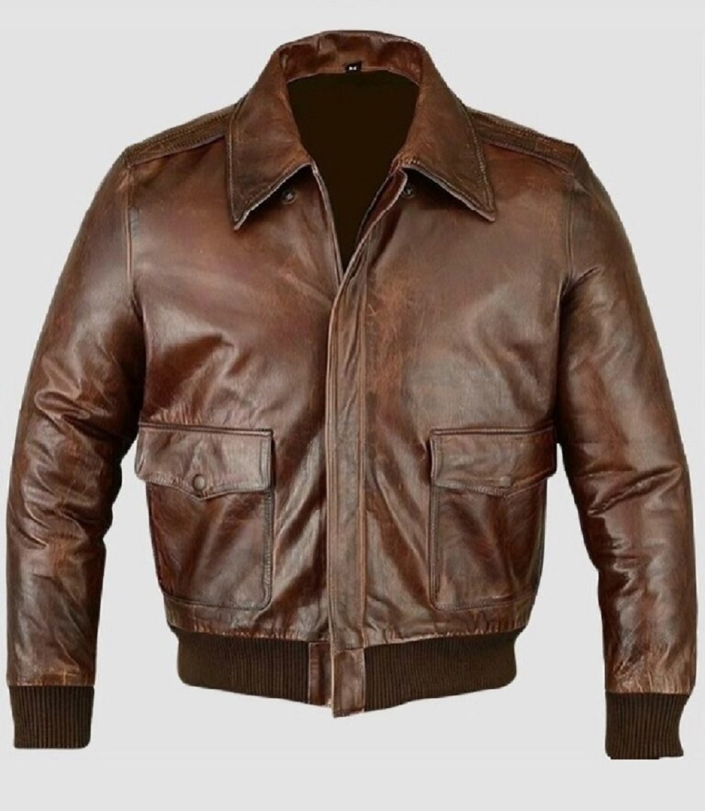 Mens Distressed Brown Classic Flight Bomber Leather Jacket