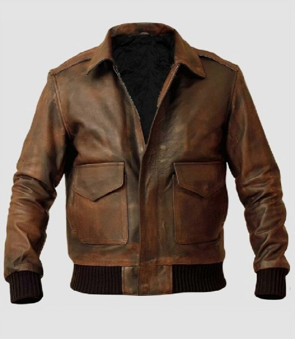 Mens Distressed Brown Leather Flight Bomber Jacket