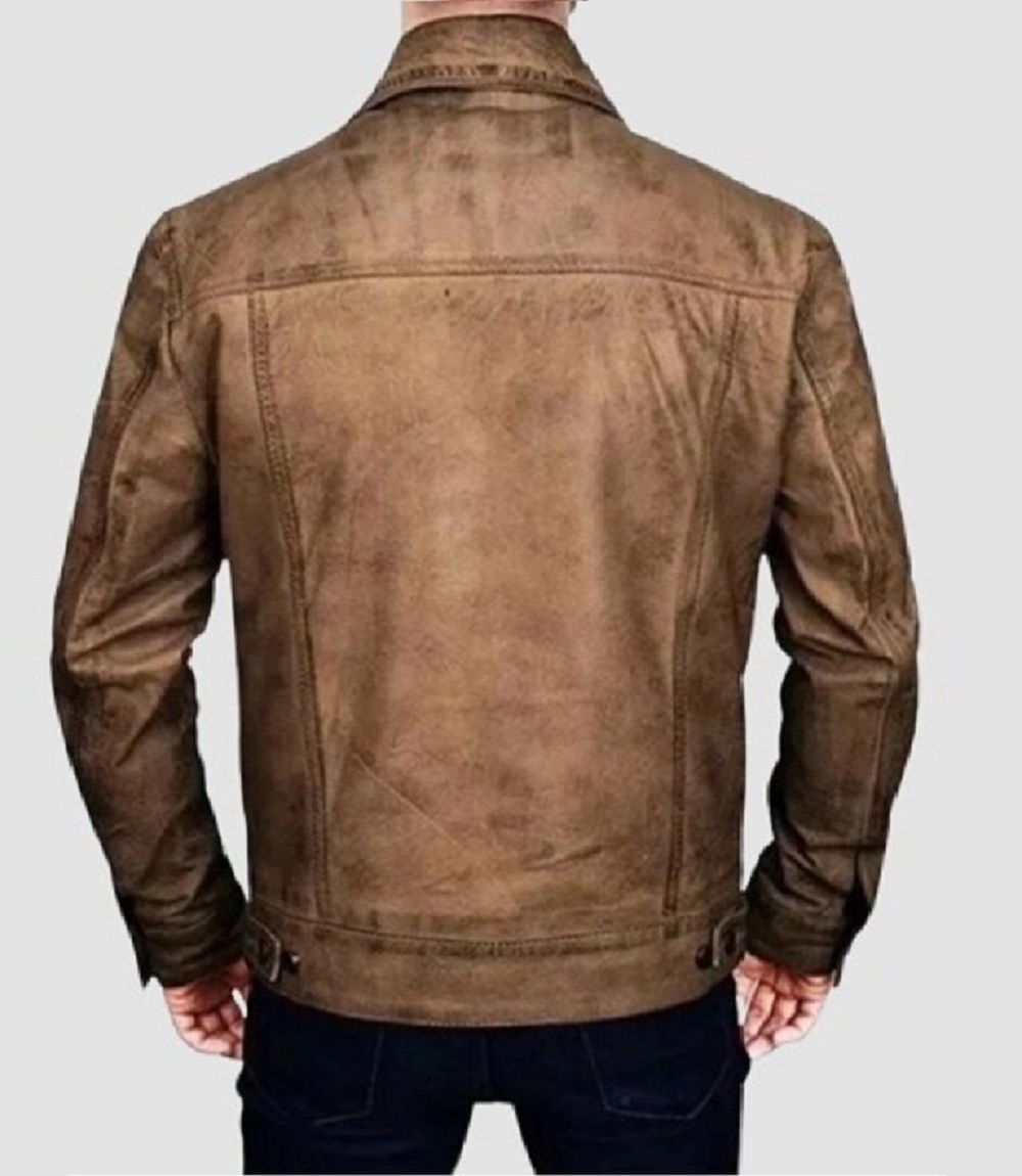 Mens Distressed Two-Tone Rugged Style Leather Trucker Jacket.