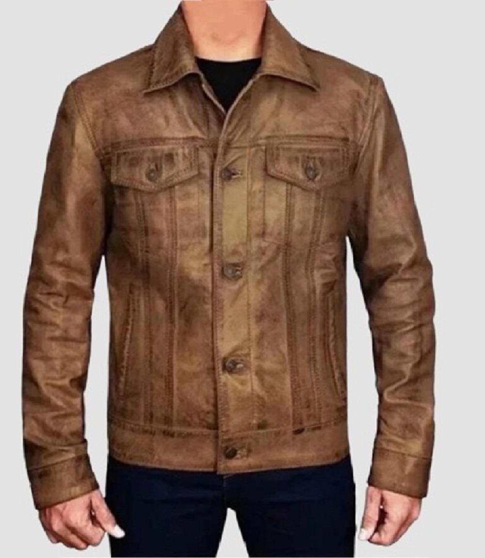 Mens Distressed Two-Tone Rugged Style Leather Trucker Jacket