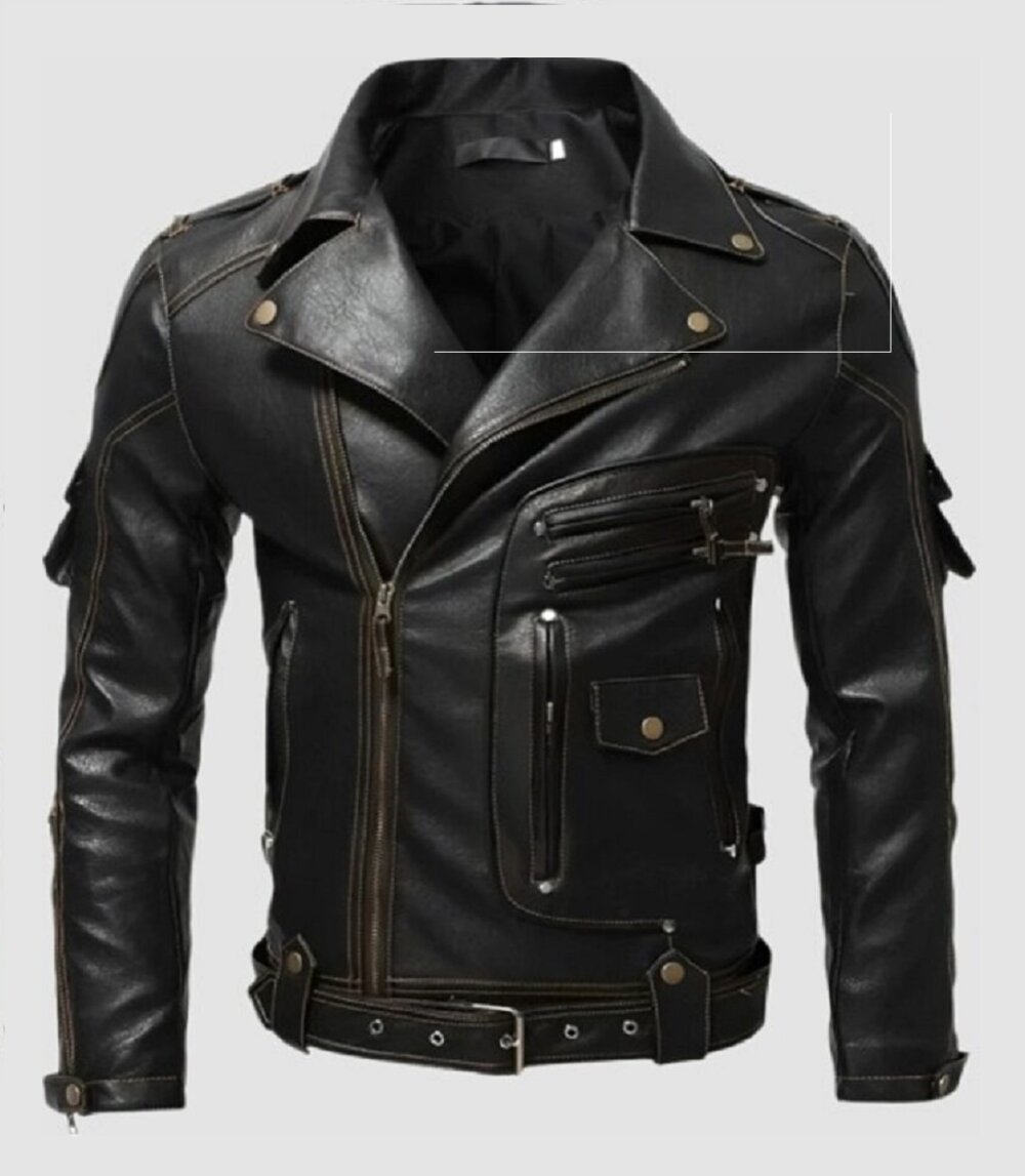Mens Fashion Leather Biker Jacket Multi Zipper Moto Style