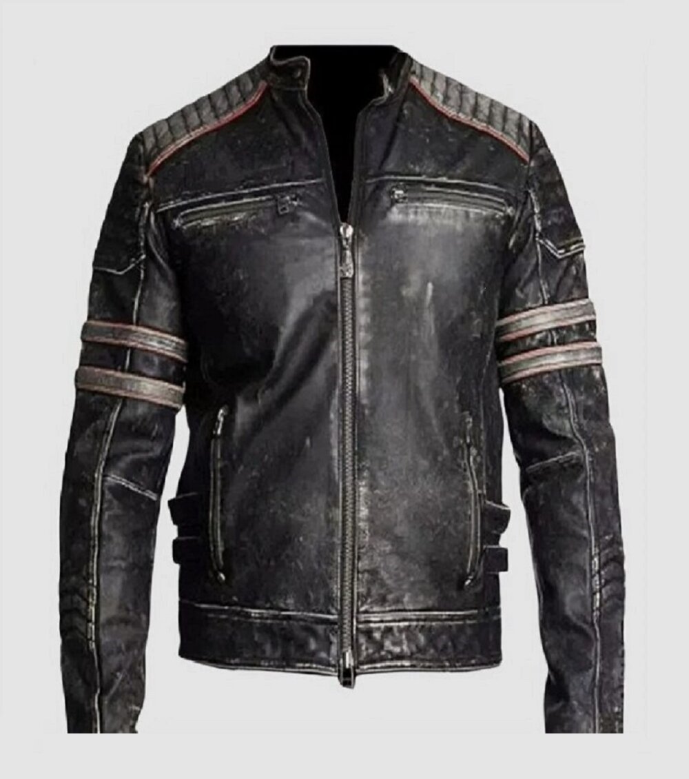 Mens Genuine Leather Jacket Retro Biker