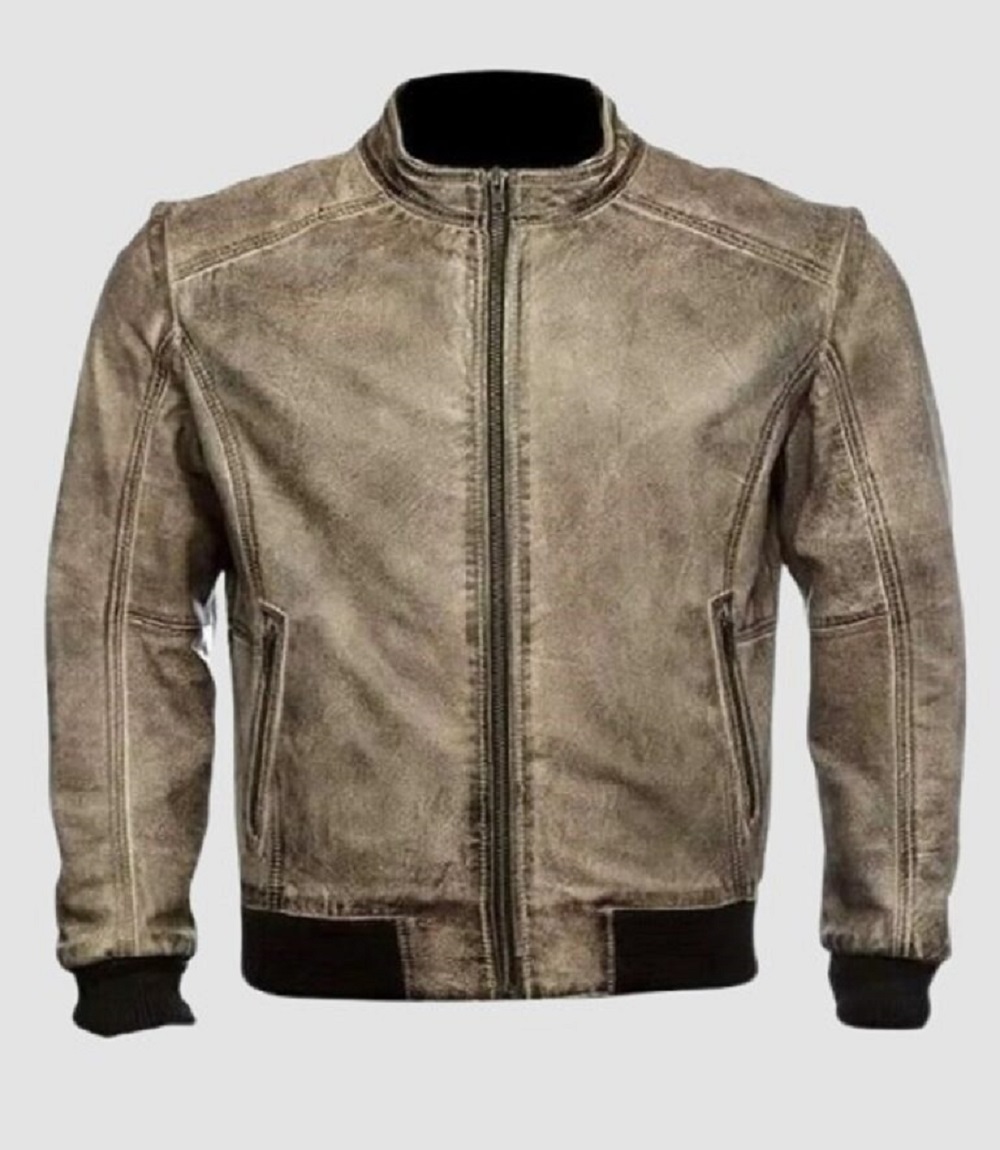 Mens Grey Distressed Vintage Biker Leather Jacket