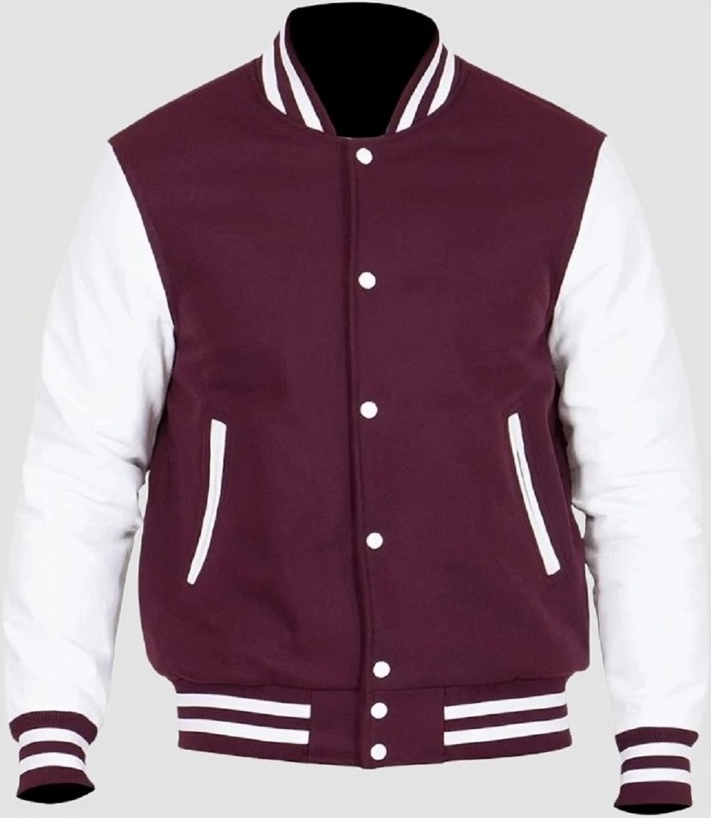 Mens Jacket Maroon and White Bomber Style with Leather Sleeves