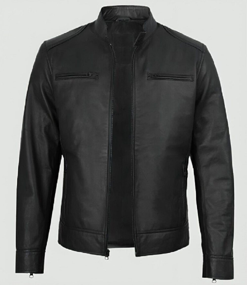 Mens Leather Café Racer Jacket Matte Black