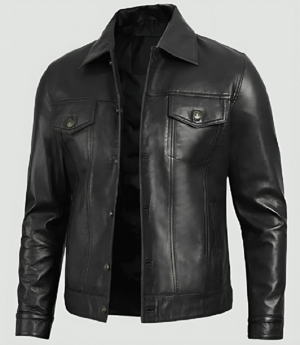 Mens Leather Jacket Classic Black Trucker Style