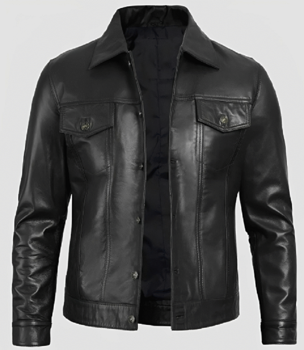 Mens Leather Jacket Classic Black Trucker Style