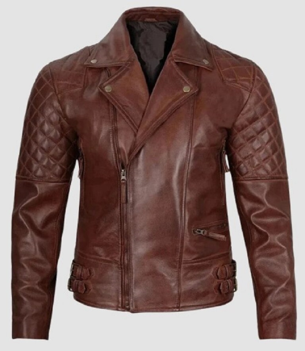 Mens Leather Jacket Quilted Shoulders