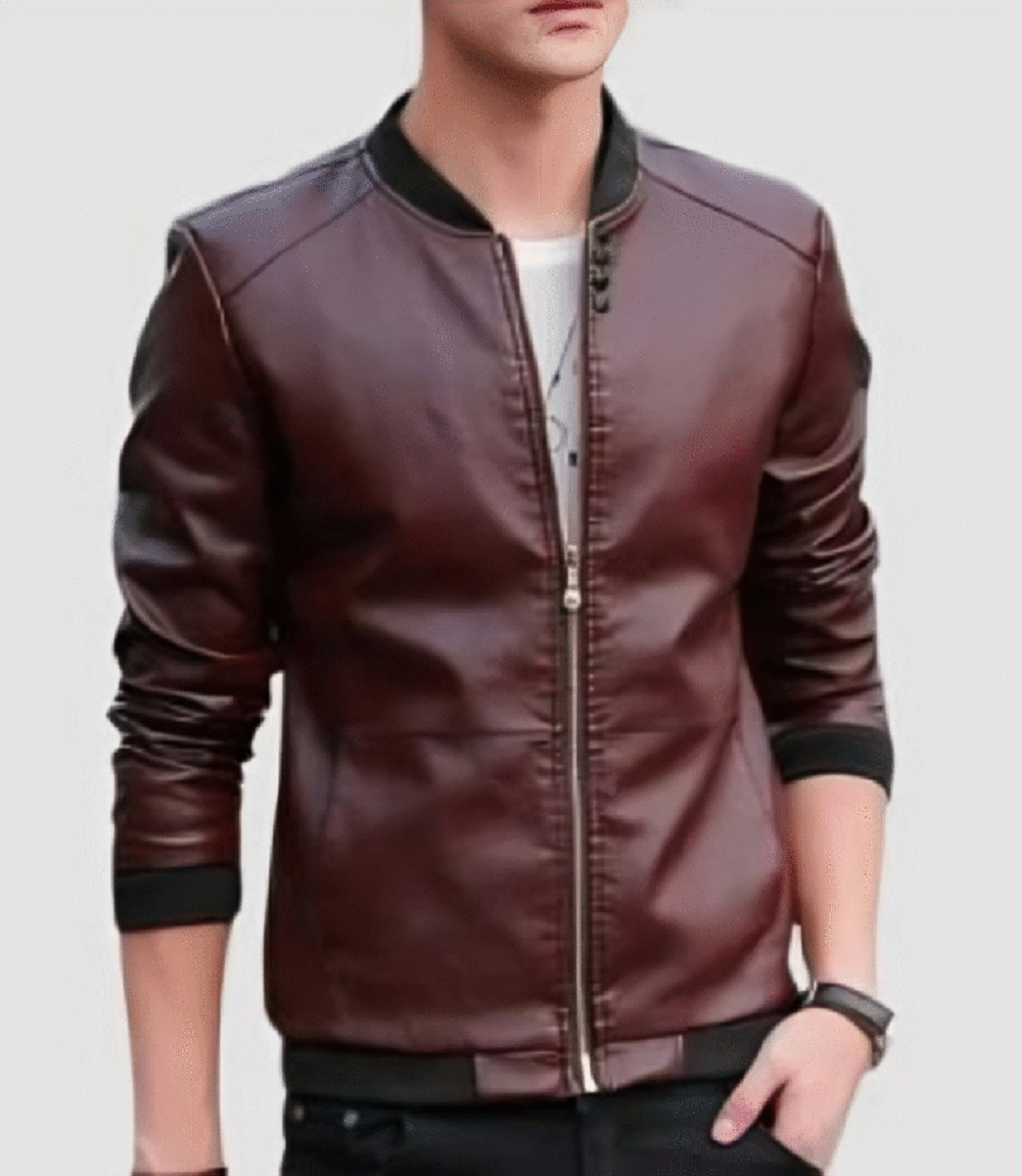 Mens Leather Jacket Slim Fit Baseball Collar Casual Coat